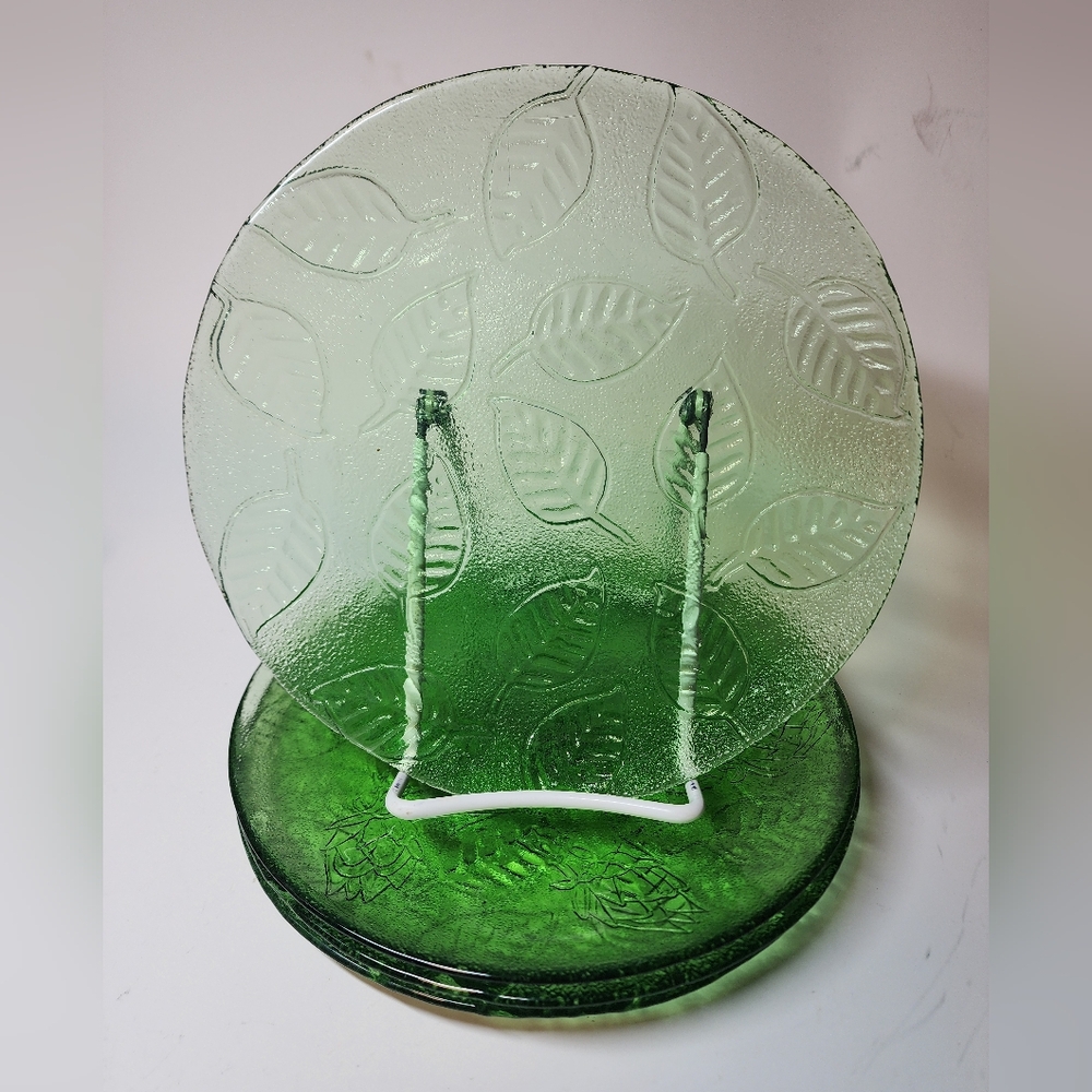 Green Glass Platters, 3 with leaves and 1 with artichoke pattern